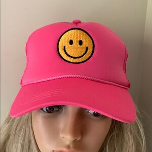 Pink Foam Panel SnapBack Teucker Cap with Smiley Face Patch Like New